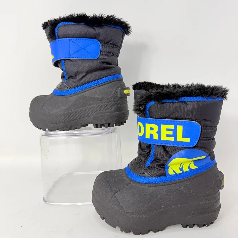 Sorel Kids Snow Commander Black Blue Waterproof Winter Boots NV1877-011 Size 6